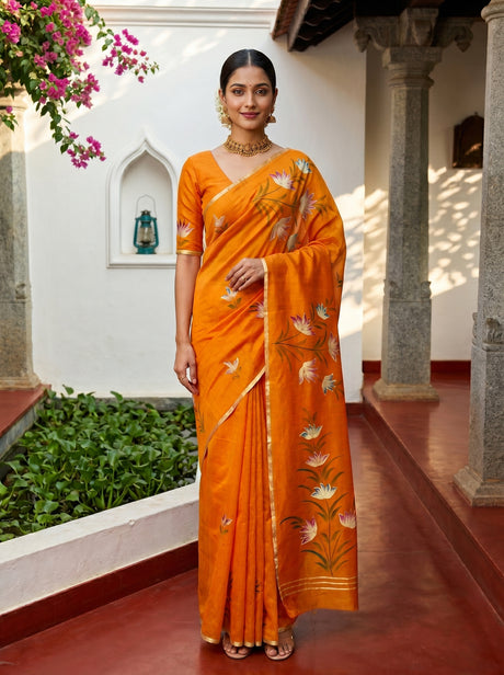 MIMOSA Gold Banarasi Art Silk Saree — Model lifestyle pose 1