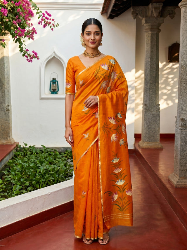 MIMOSA Gold Banarasi Art Silk Saree — Model lifestyle pose 1