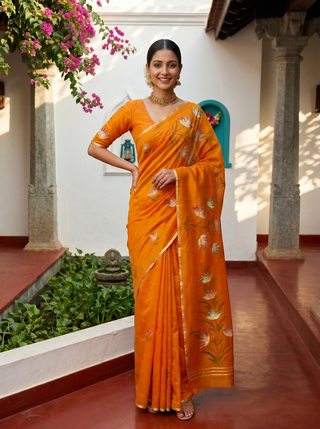 MIMOSA Gold Banarasi Art Silk Saree — Close-up of model's face and jewelry