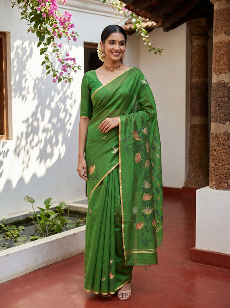 MIMOSA Green Banarasi Art Silk Saree — Model lifestyle pose 1