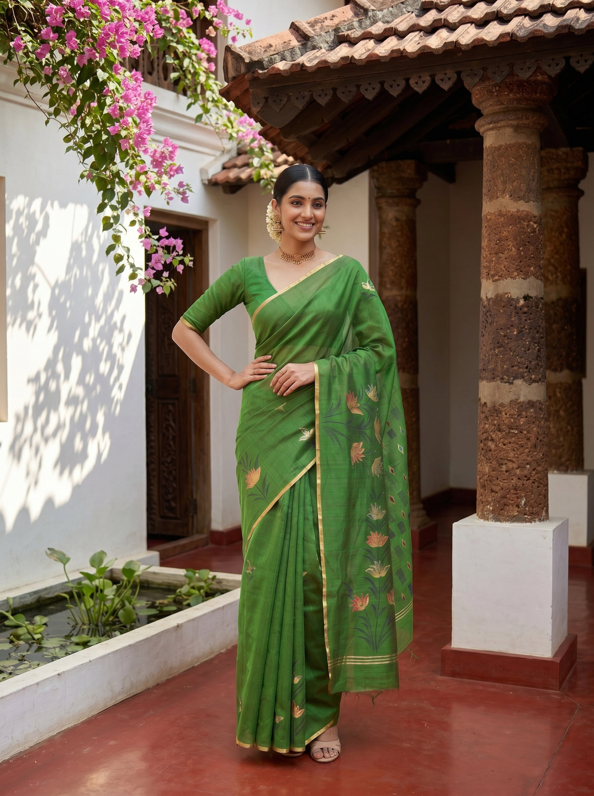 MIMOSA Green Banarasi Art Silk Saree — Saree border and motif detail