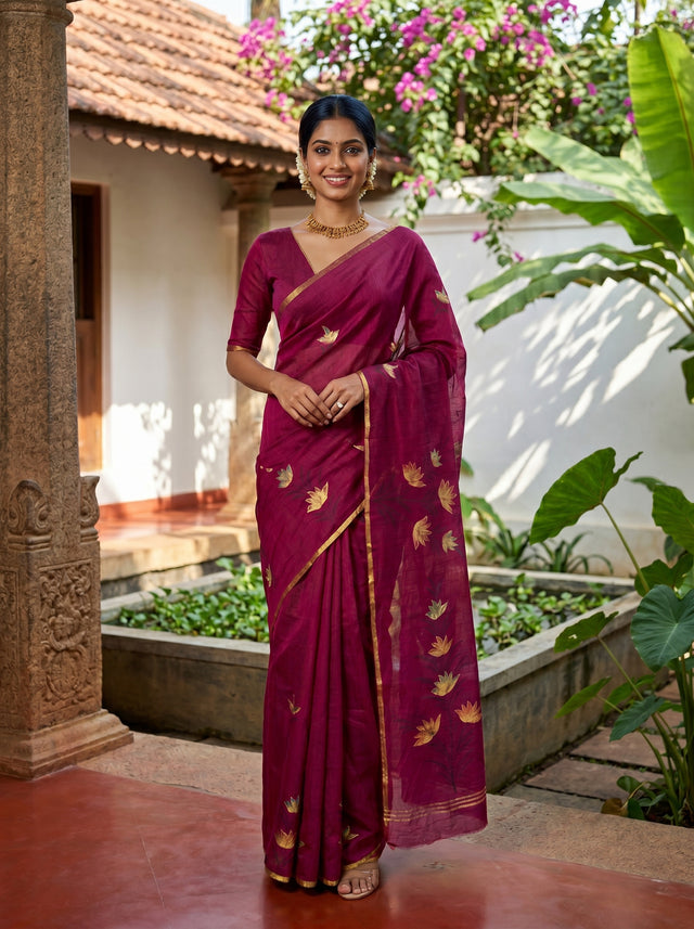 MIMOSA Magenta Banarasi Art Silk Saree — Model lifestyle pose 1