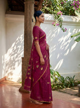 MIMOSA Magenta Banarasi Art Silk Saree — Close-up of model's face and jewelry
