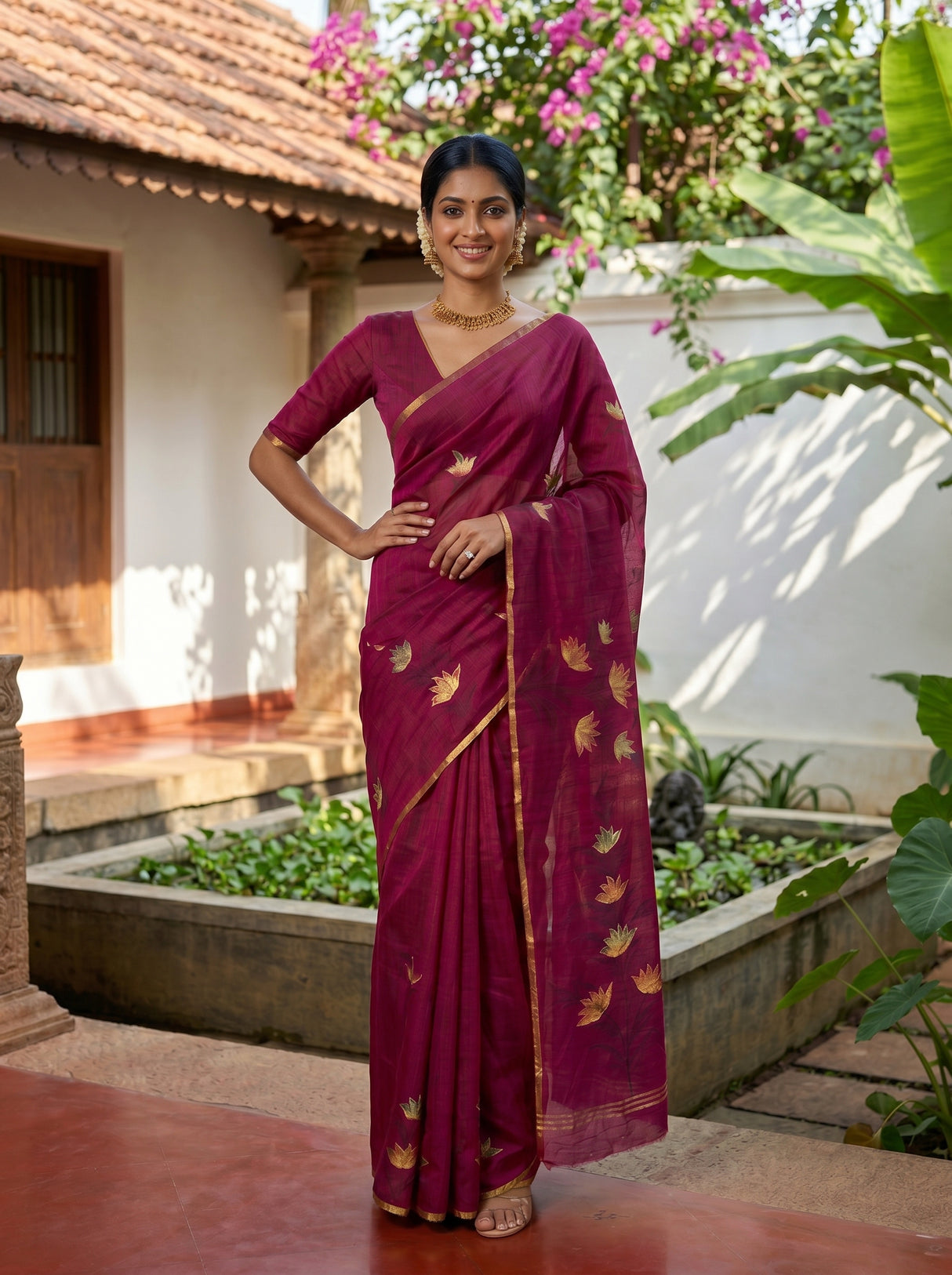 MIMOSA Magenta Banarasi Art Silk Saree — Saree border and motif detail