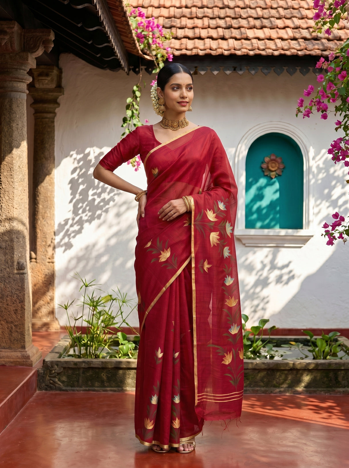 MIMOSA Maroon Banarasi Art Silk Saree — Saree border and motif detail