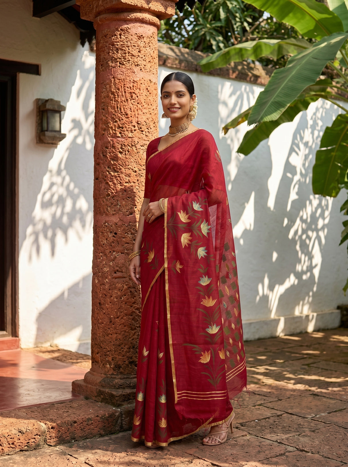 MIMOSA Maroon Banarasi Art Silk Saree — Saree pleats and drape detail