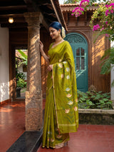 MIMOSA Olive Banarasi Art Silk Saree — Close-up of model's face and jewelry