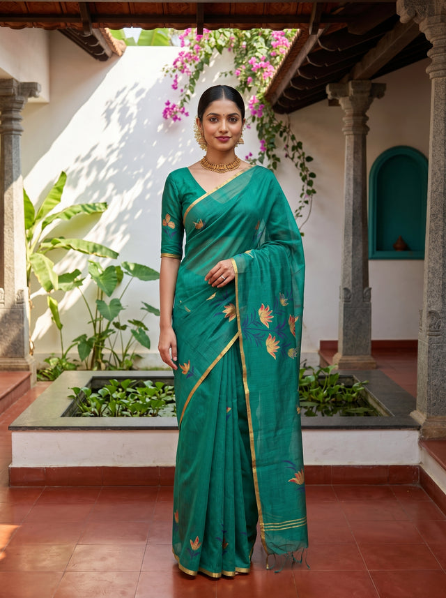 MIMOSA Rama Banarasi Art Silk Saree — Model lifestyle pose 1