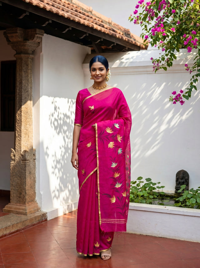 MIMOSA Rani Banarasi Art Silk Saree — Model lifestyle pose 1