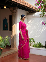 MIMOSA Rani Banarasi Art Silk Saree — Close-up of model's face and jewelry