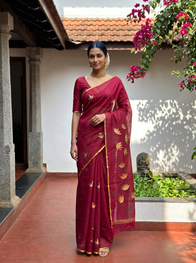MIMOSA Wine Banarasi Art Silk Saree — Model lifestyle pose 1