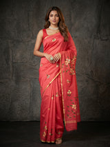 MIMOSA Gajari Banarasi Art Silk Saree — Model posing with blue jeep
