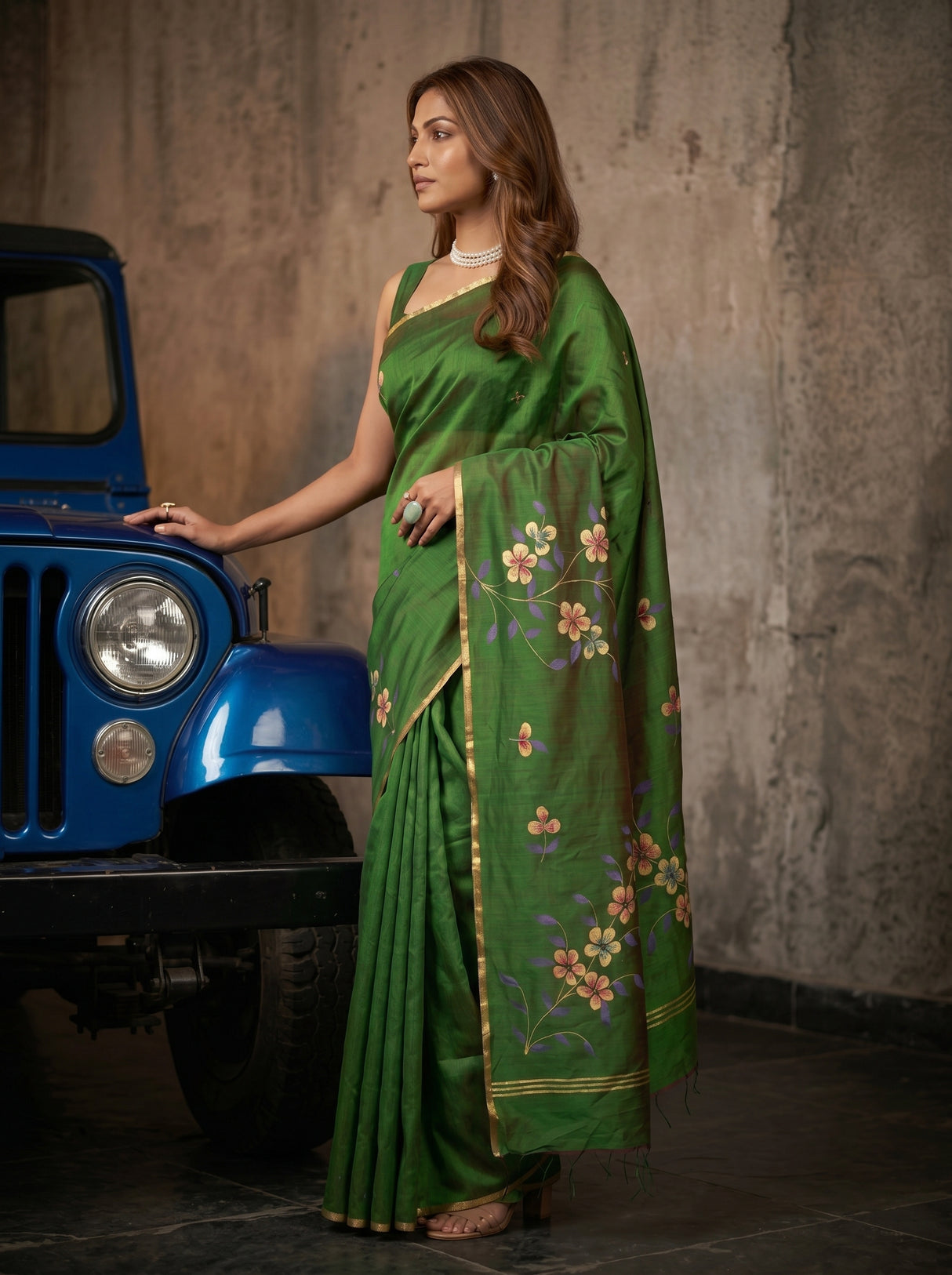 MIMOSA Green Banarasi Art Silk Saree — pose 3 styling detail