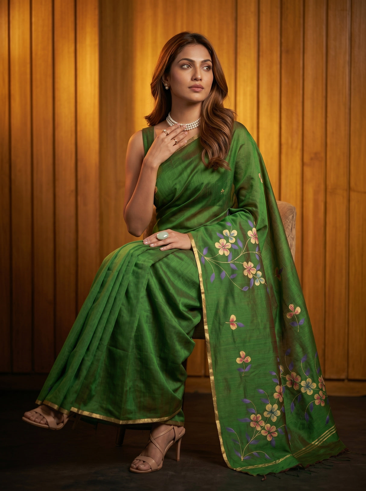 MIMOSA Green Banarasi Art Silk Saree — pose 8 styling detail