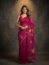 MIMOSA Magenta Banarasi Art Silk Saree — Model posing with blue jeep