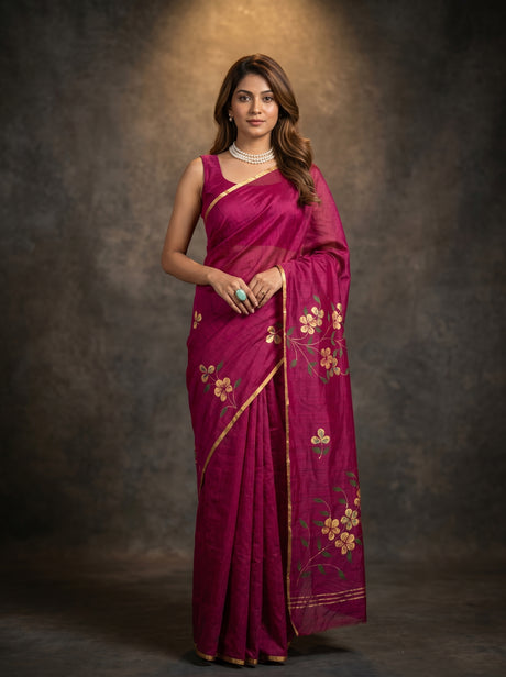 MIMOSA Magenta Banarasi Art Silk Saree — Model posing with blue jeep