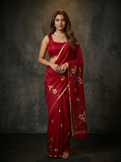 MIMOSA Maroon Banarasi Art Silk Saree — Model posing with blue jeep