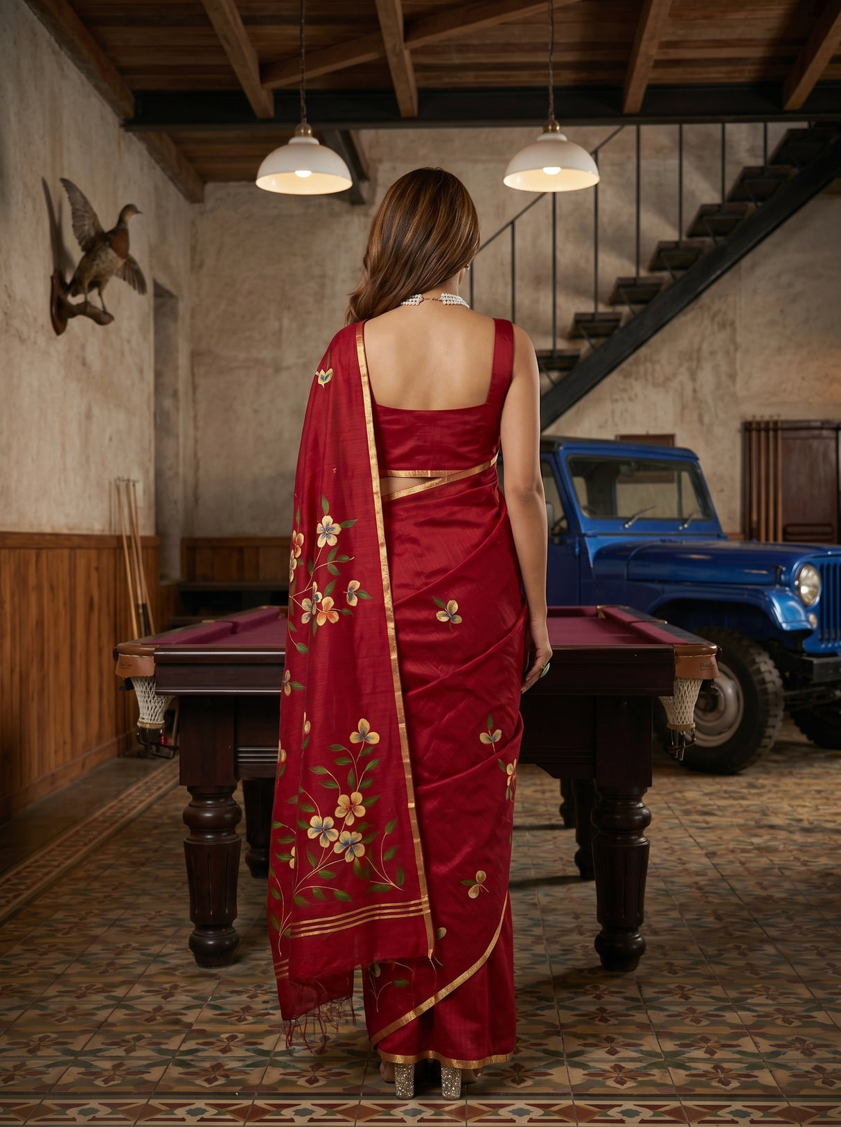 MIMOSA Maroon Banarasi Art Silk Saree — pose 2 styling detail