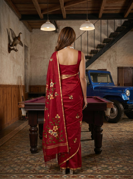 MIMOSA Maroon Banarasi Art Silk Saree — pose 2 styling detail