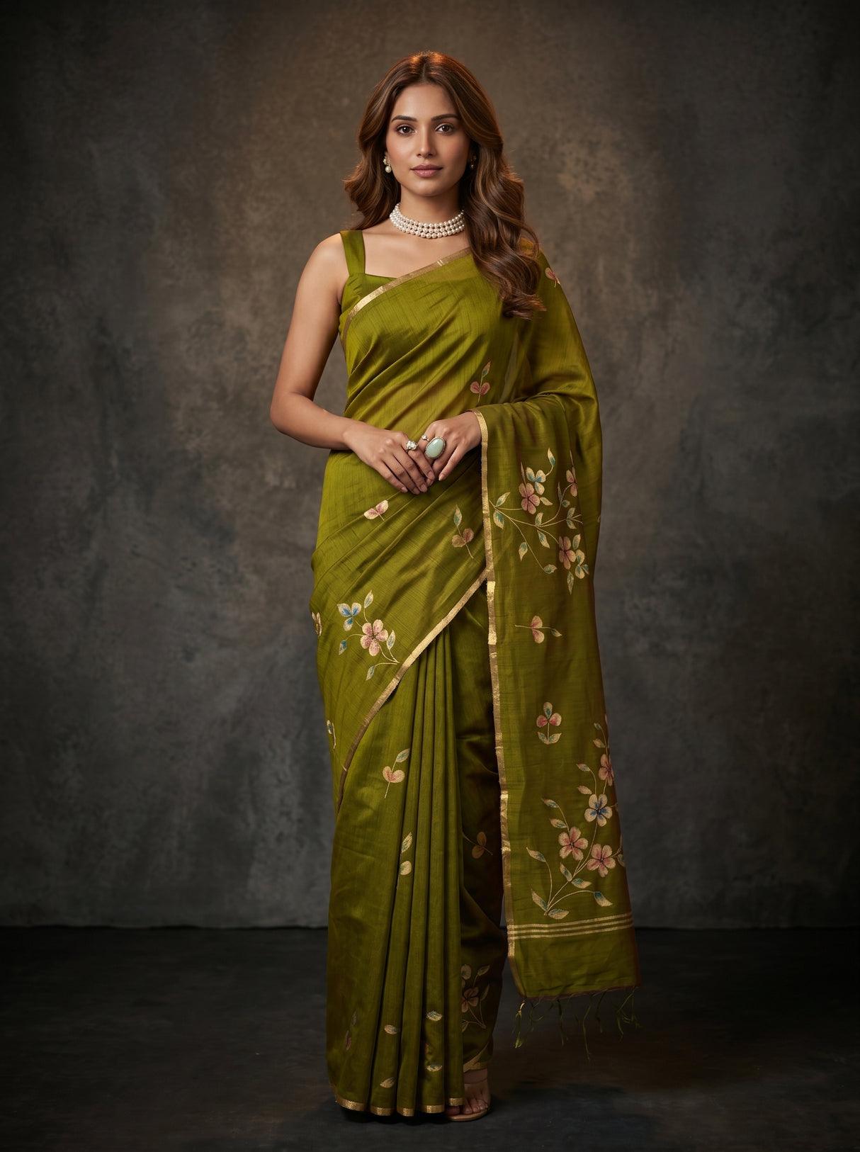 MIMOSA Olive Banarasi Art Silk Saree — Model posing with blue jeep