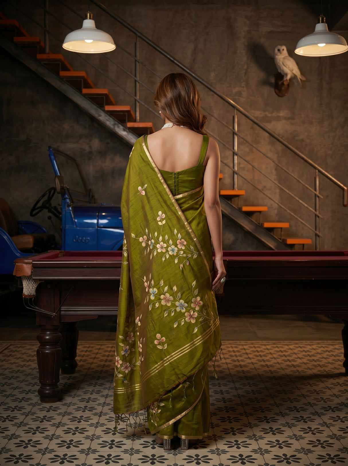 MIMOSA Olive Banarasi Art Silk Saree — pose 2 styling detail