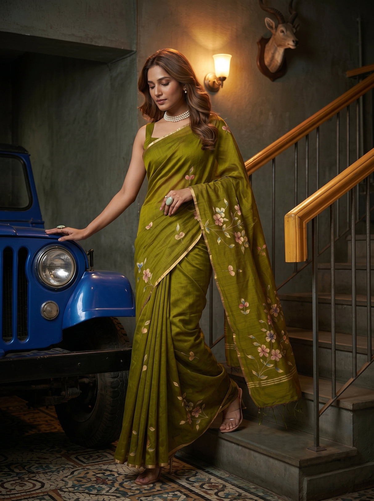 MIMOSA Olive Banarasi Art Silk Saree — pose 6 styling detail