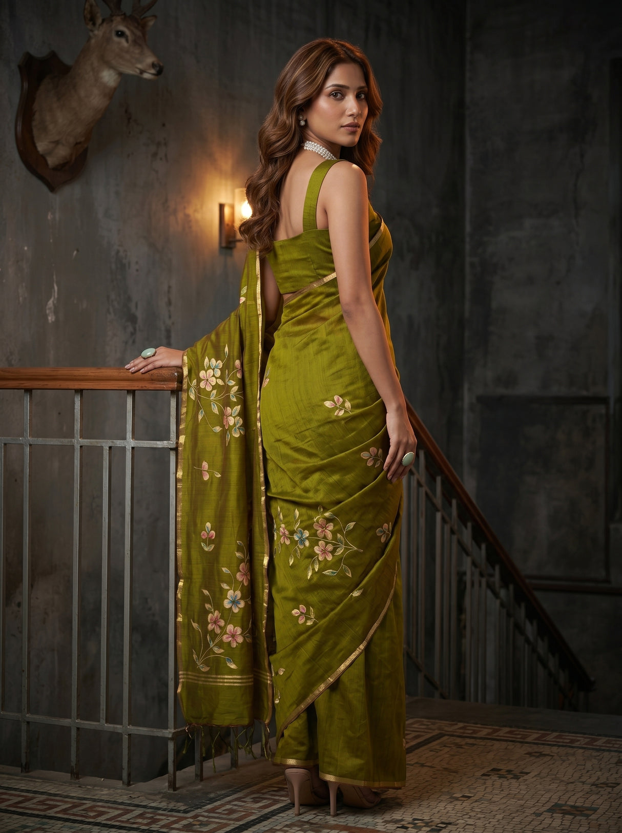 MIMOSA Olive Banarasi Art Silk Saree — pose 7 styling detail