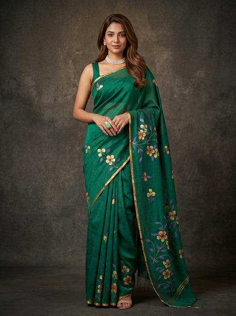 MIMOSA Rama Banarasi Art Silk Saree — Model posing with blue jeep