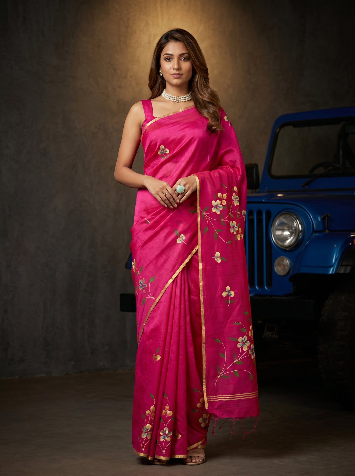 MIMOSA Rani Banarasi Art Silk Saree — Model posing with blue jeep