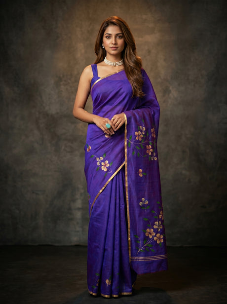 MIMOSA Violet Banarasi Art Silk Saree — Model posing with blue jeep