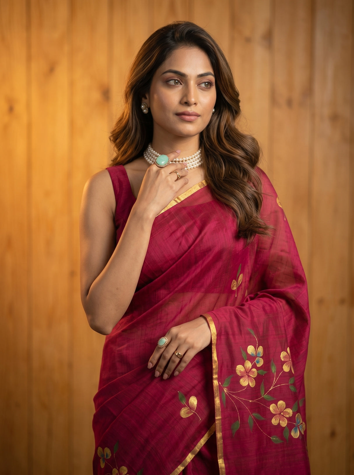 MIMOSA Wine Banarasi Art Silk Saree — pose 10 styling detail