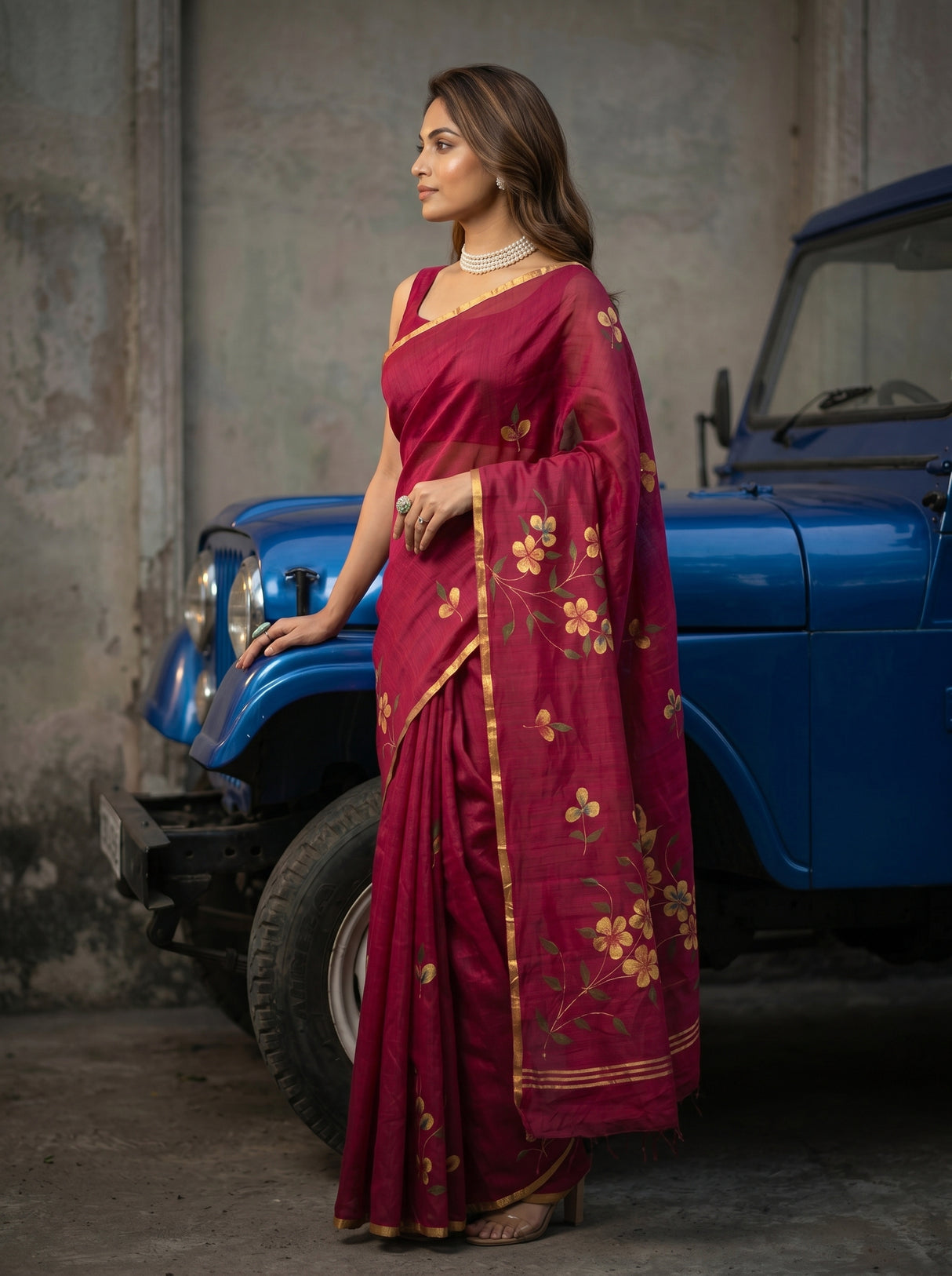 MIMOSA Wine Banarasi Art Silk Saree — pose 3 styling detail