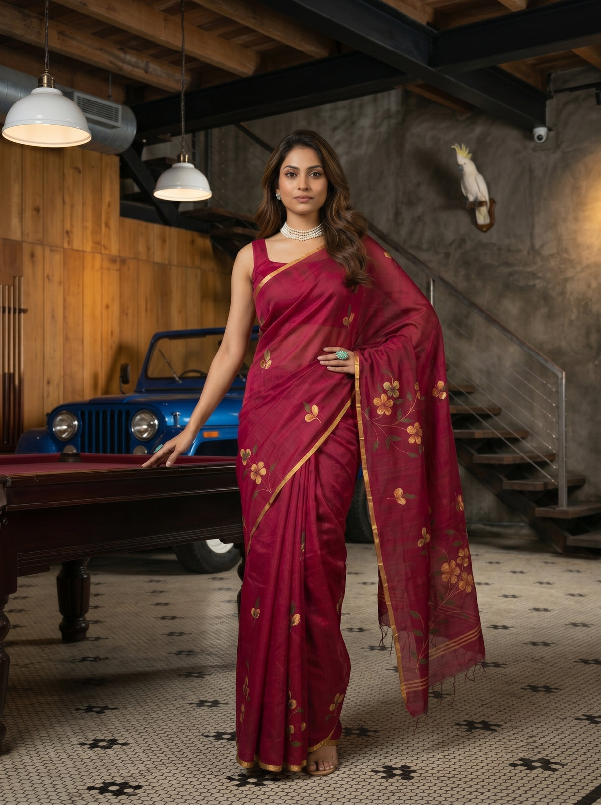 MIMOSA Wine Banarasi Art Silk Saree — pose 4 styling detail