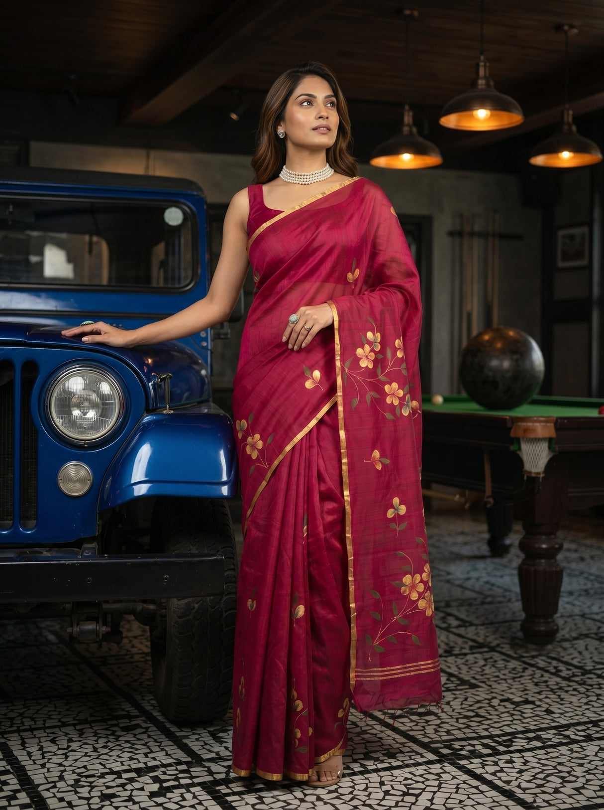 MIMOSA Wine Banarasi Art Silk Saree — pose 5 styling detail
