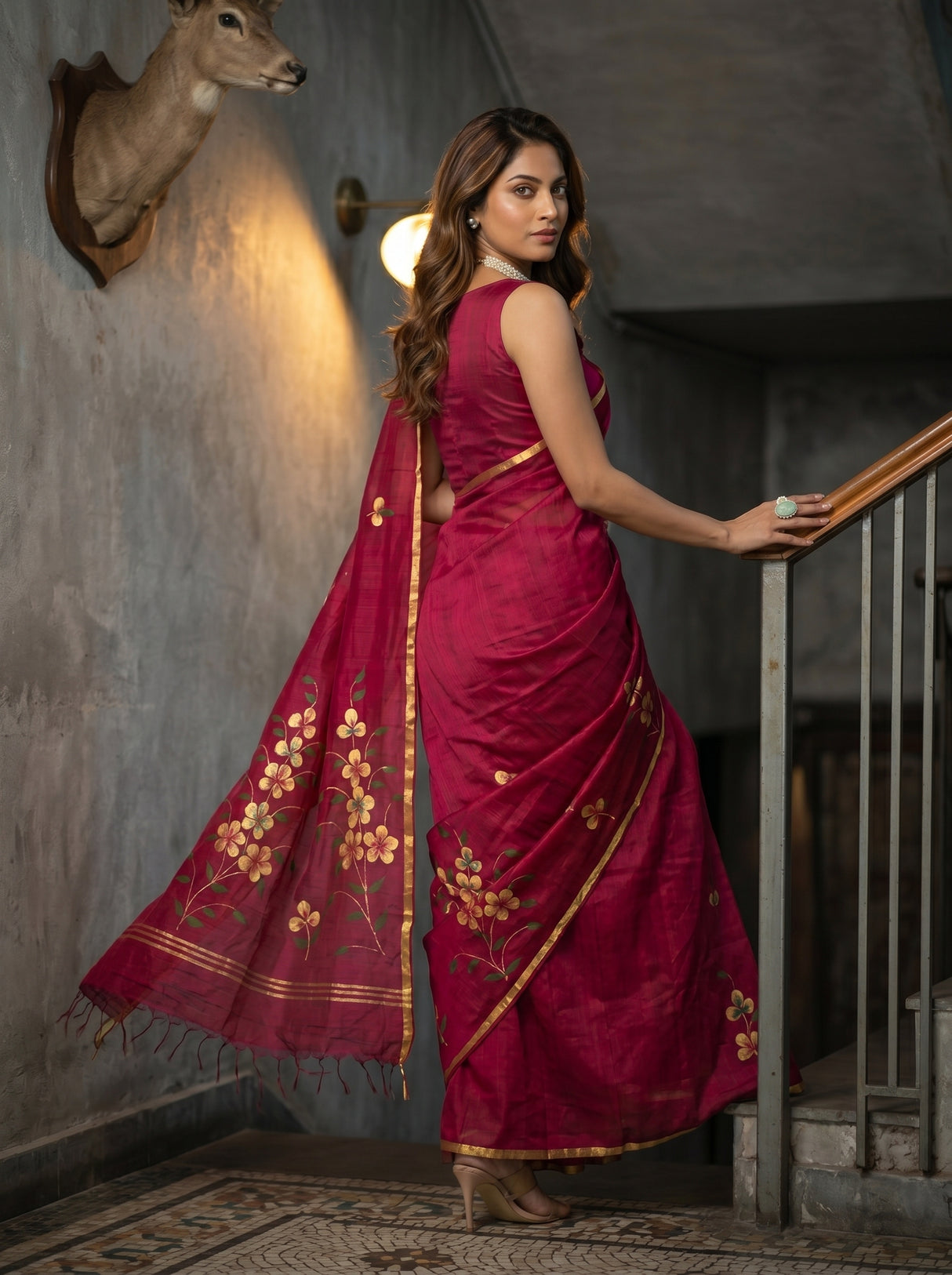 MIMOSA Wine Banarasi Art Silk Saree — pose 7 styling detail