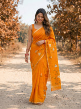 MIMOSA Gold Banarasi Art Silk Saree — model feet and drape