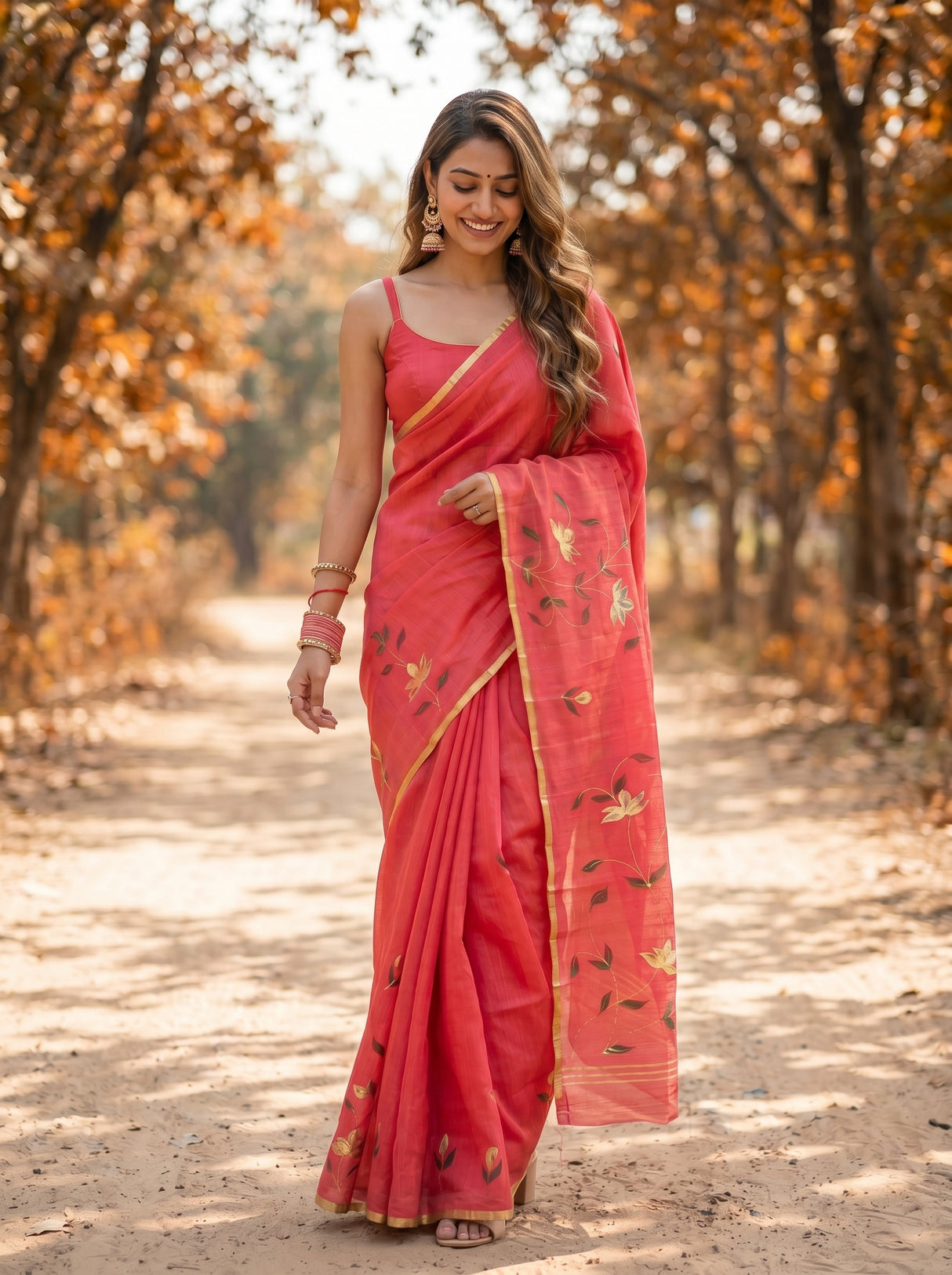 MIMOSA Gajari Banarasi Art Silk Saree — model feet and drape