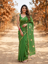 MIMOSA Green Banarasi Art Silk Saree — full view model pose