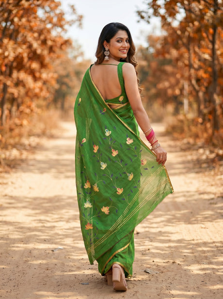 MIMOSA Green Banarasi Art Silk Saree — model close-up