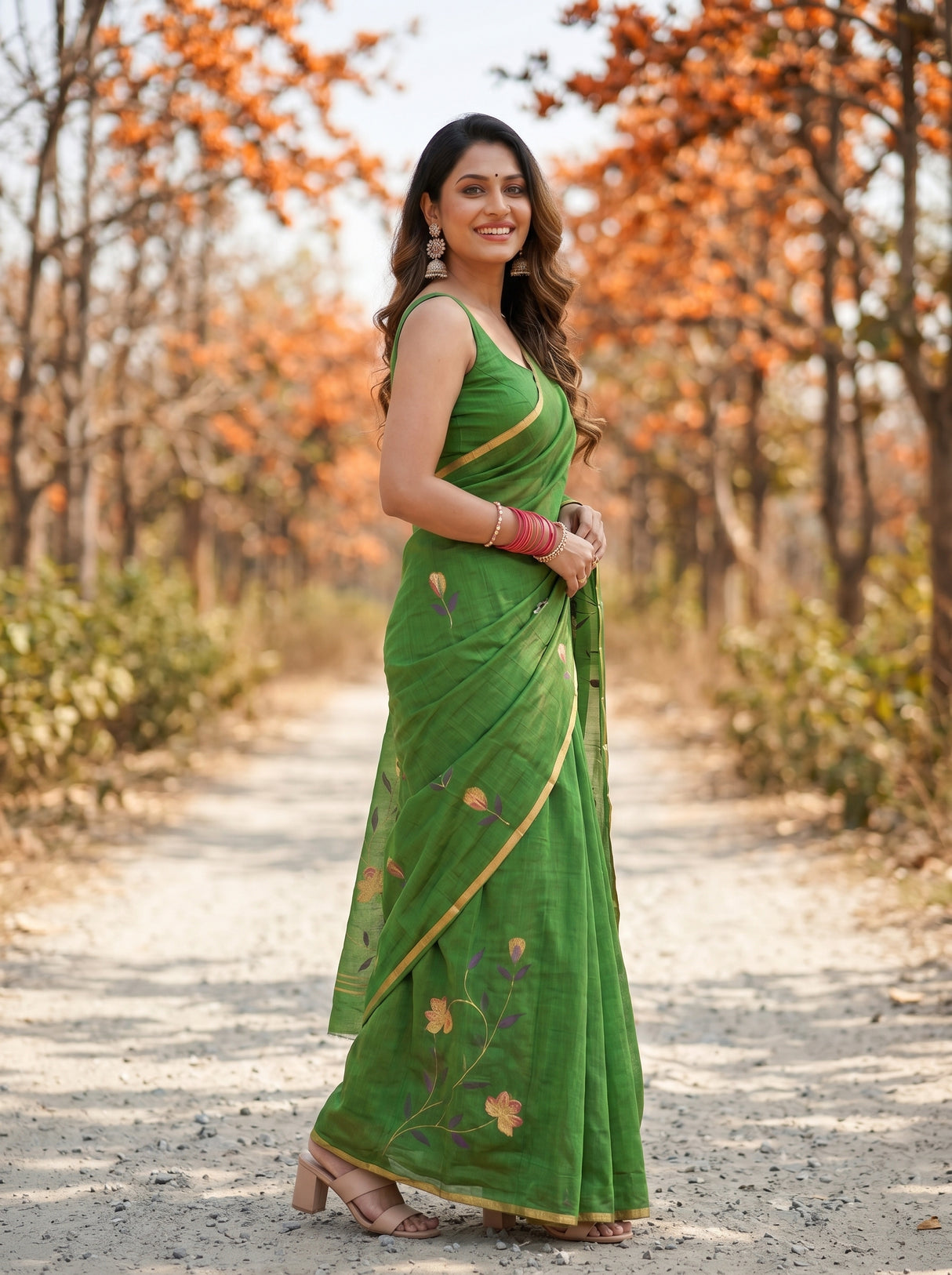 MIMOSA Green Banarasi Art Silk Saree — model mid-section