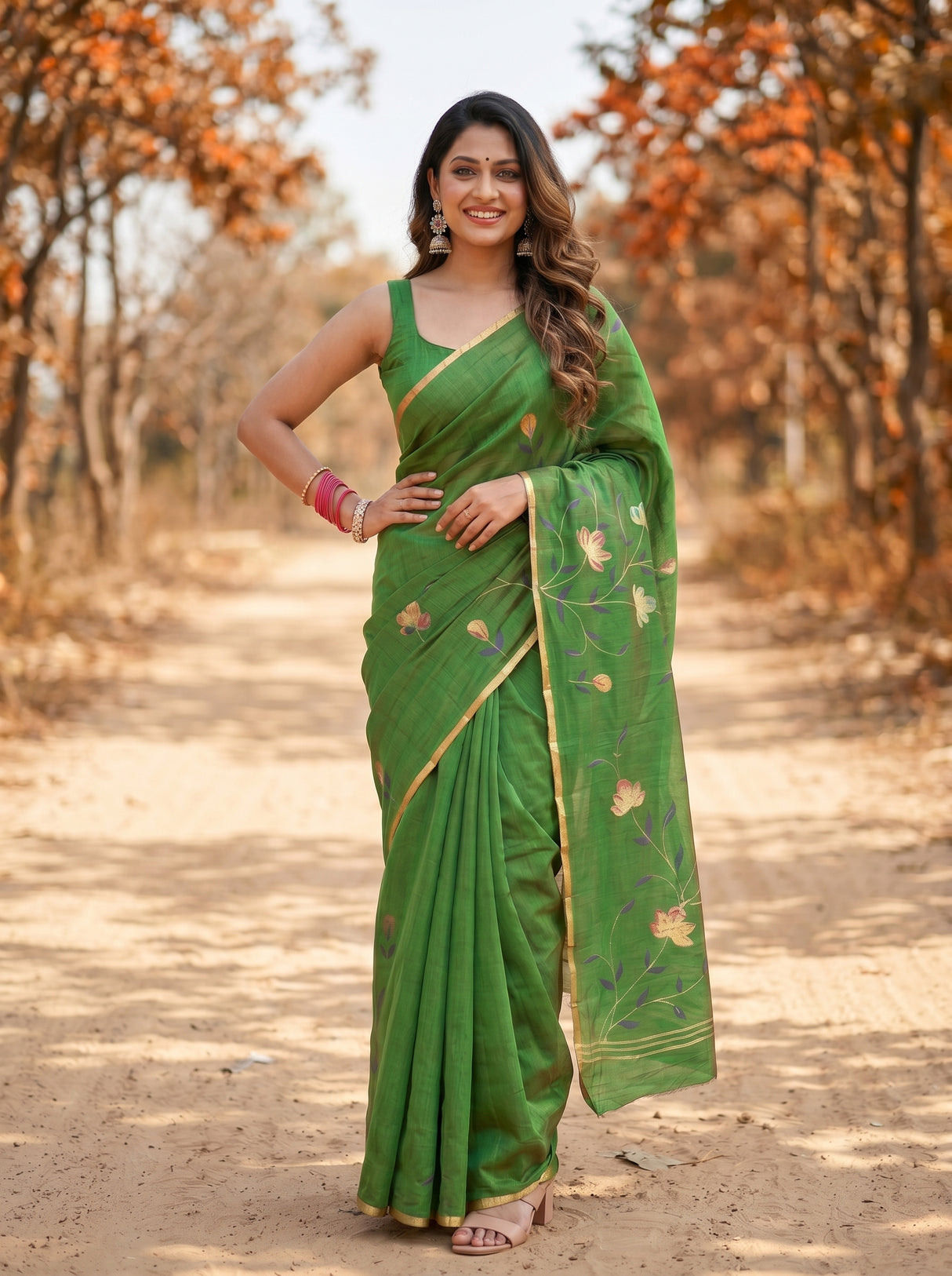 MIMOSA Green Banarasi Art Silk Saree — model lower section