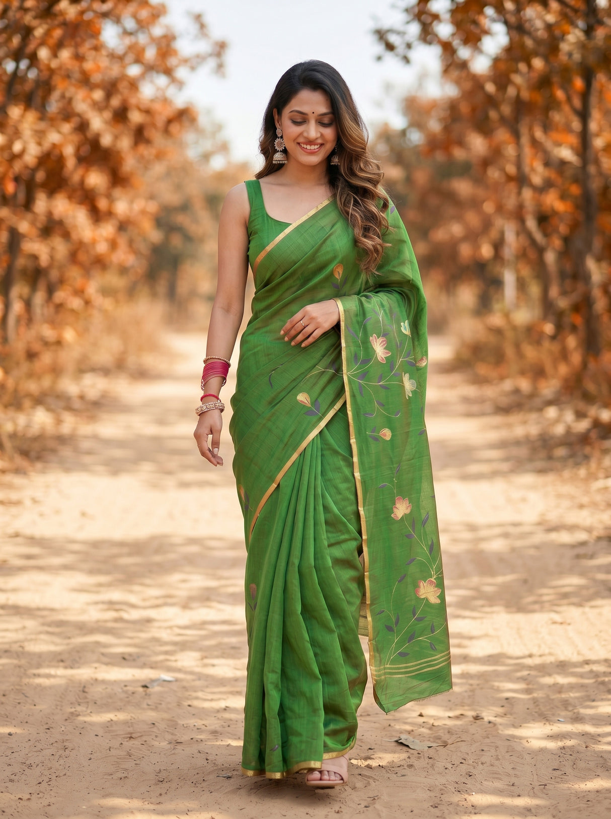 MIMOSA Green Banarasi Art Silk Saree — model feet and drape