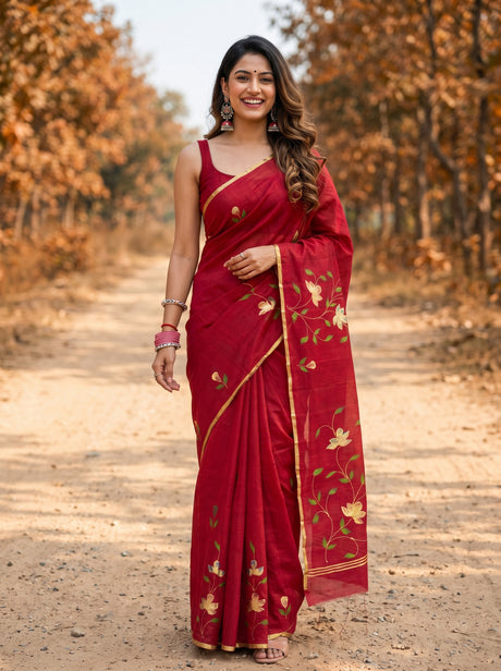 MIMOSA Maroon Banarasi Art Silk Saree — full view model pose