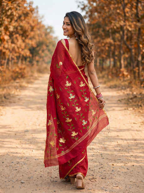 MIMOSA Maroon Banarasi Art Silk Saree — model close-up