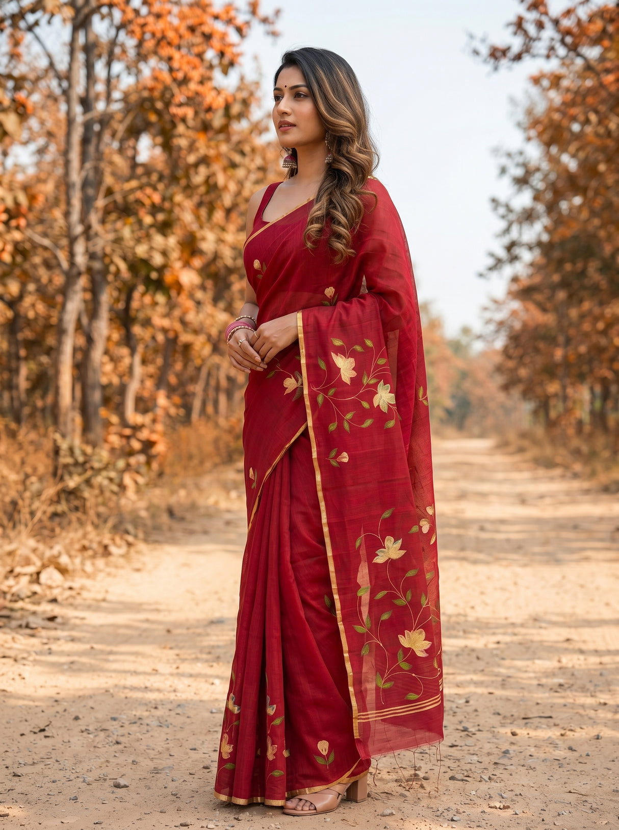 MIMOSA Maroon Banarasi Art Silk Saree — model mid-section