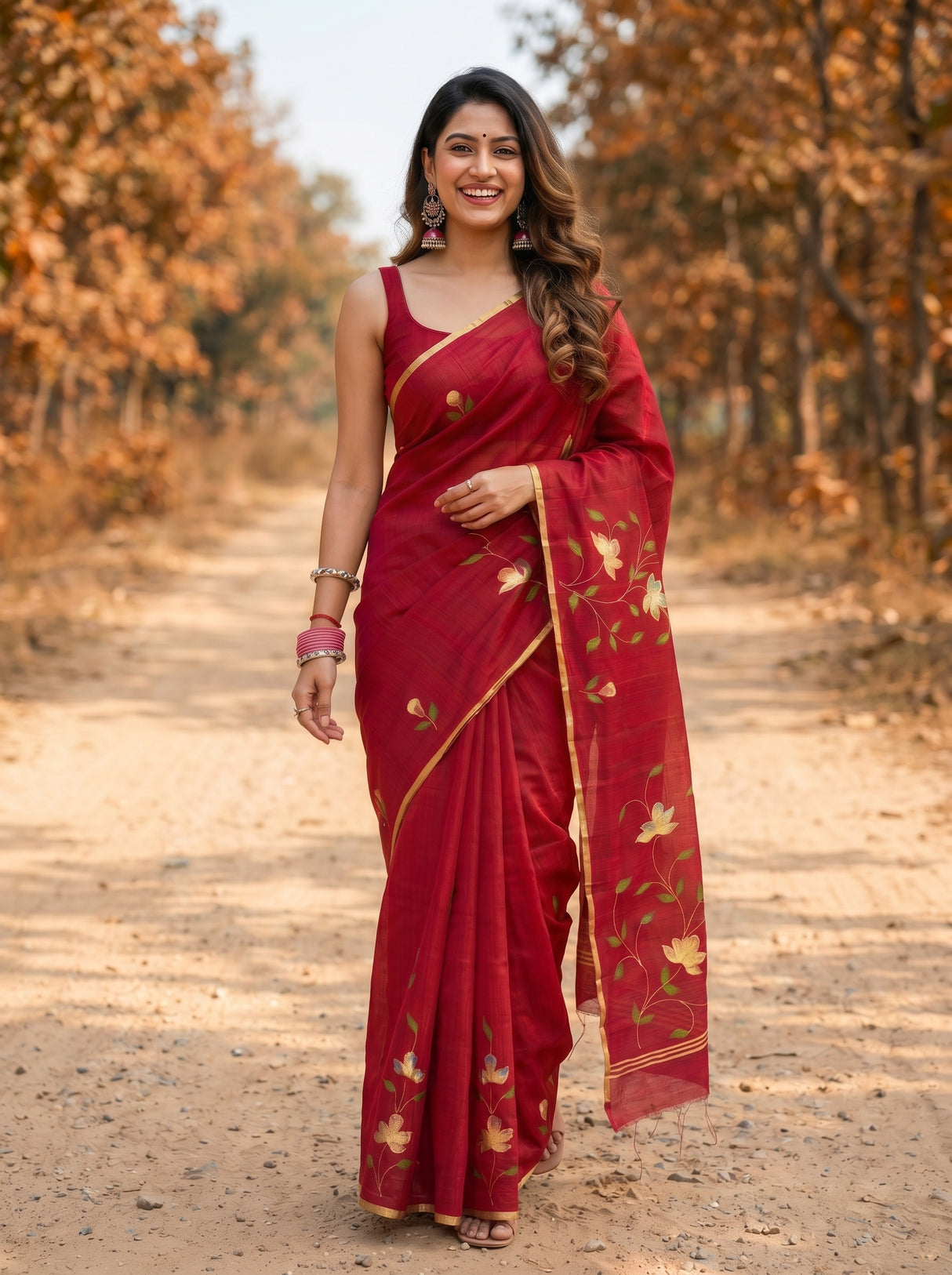MIMOSA Maroon Banarasi Art Silk Saree — model feet and drape