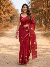 MIMOSA Maroon Banarasi Art Silk Saree — model feet and drape