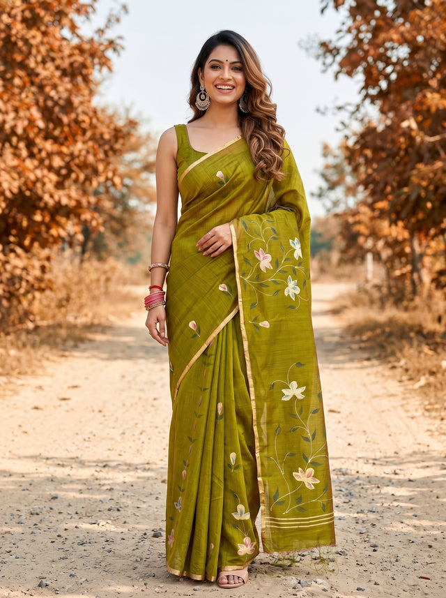 MIMOSA Olive Banarasi Art Silk Saree — full view model pose