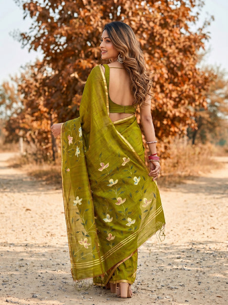 MIMOSA Olive Banarasi Art Silk Saree — model close-up