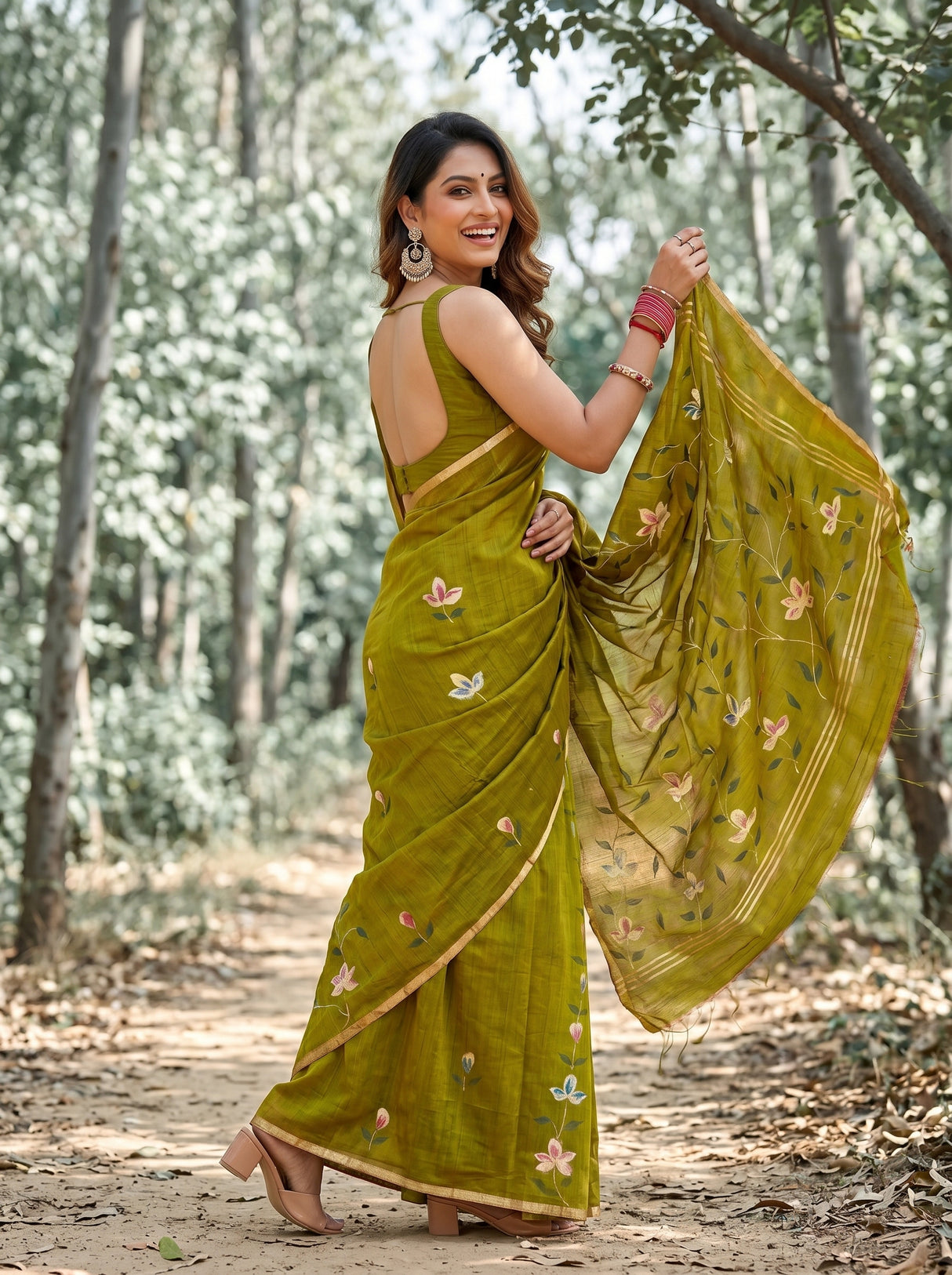MIMOSA Olive Banarasi Art Silk Saree — model lower section